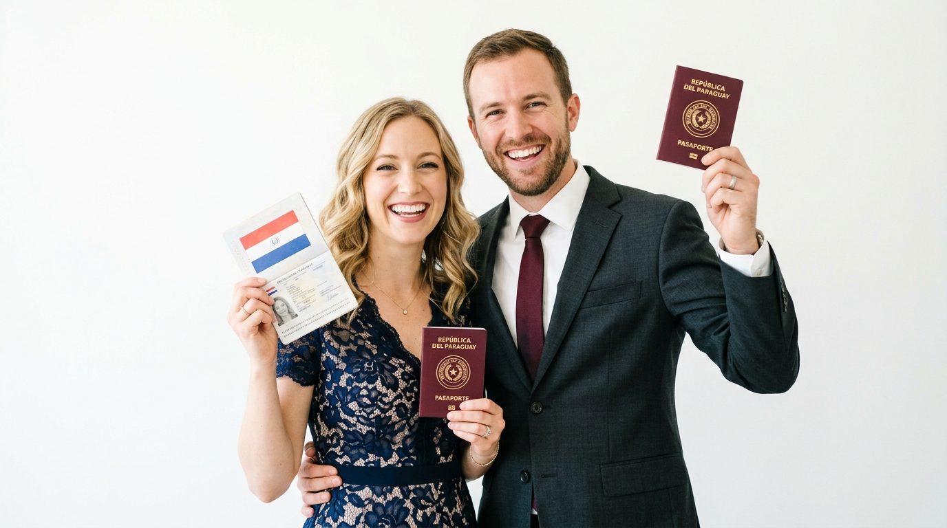 Casal sorrindo, segurando cédula e passaportes paraguaios